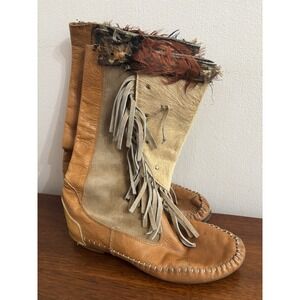 Bart Shoes Vintage Women's Leather Fringe Feather Boots Made‎ In Italy Size 7.5